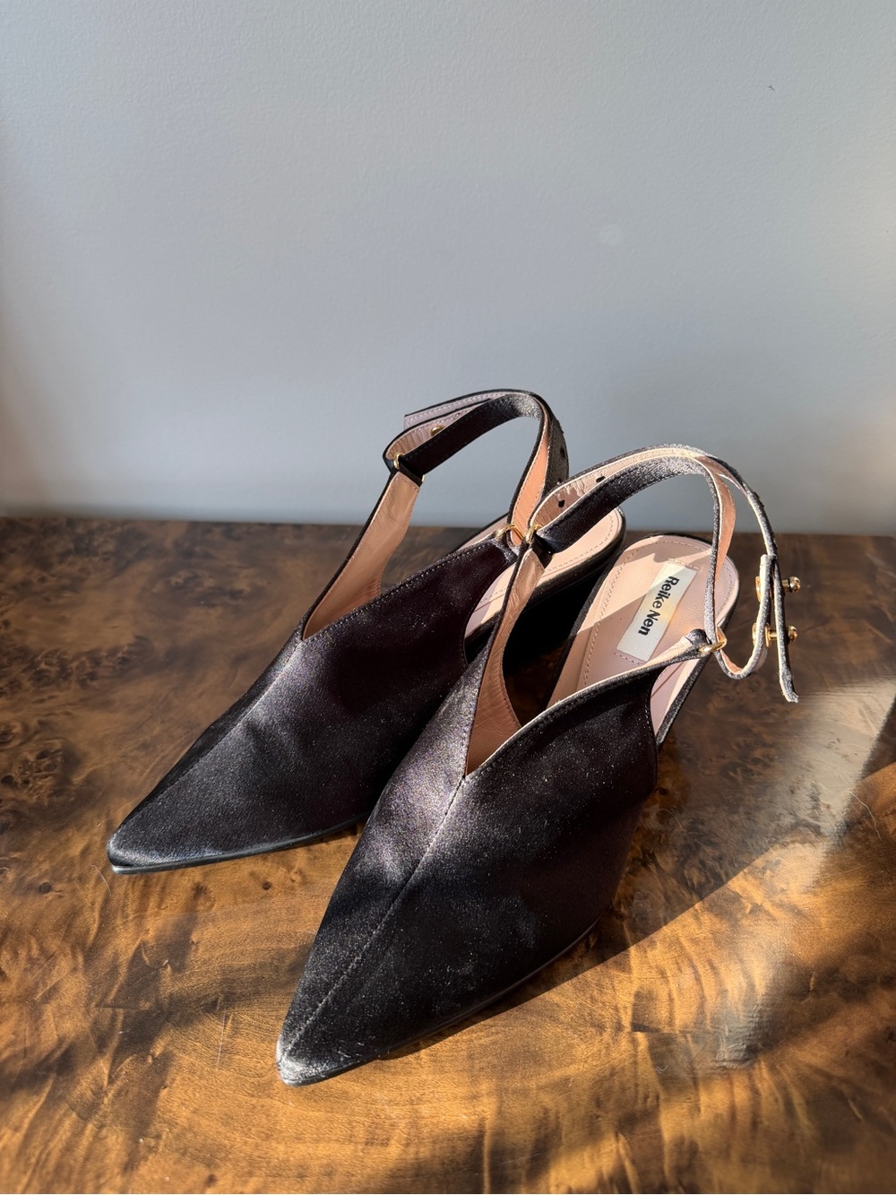 Black Satin Pointed Slingback Heels